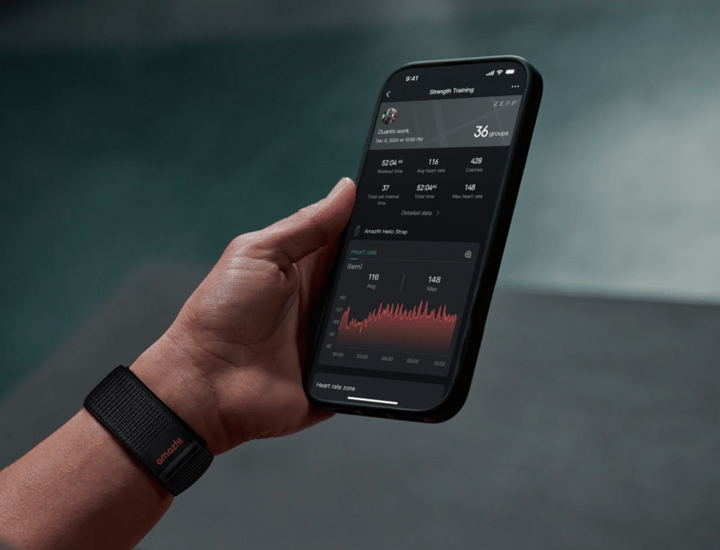 Zepp App workout analysis connected to Amazfit Helio Strap