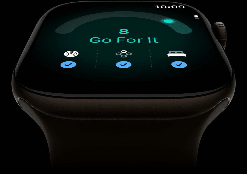 Apple watch series 12 readiness score displayed on the watch as 8 with comment "Go For It".
