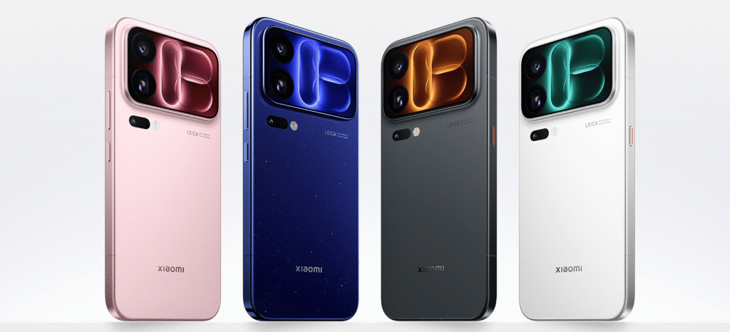 Xiaomi 18 Pro Max colors (from left to right): Ice peach powder, Galaxy blue, Black, White.